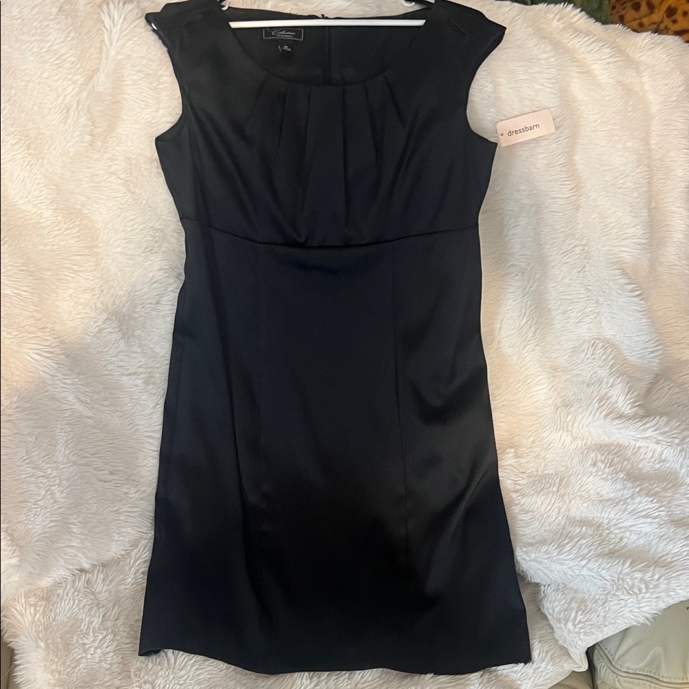 dressbarn Black Pleated Neck Cap-Sleeve Mini Dress